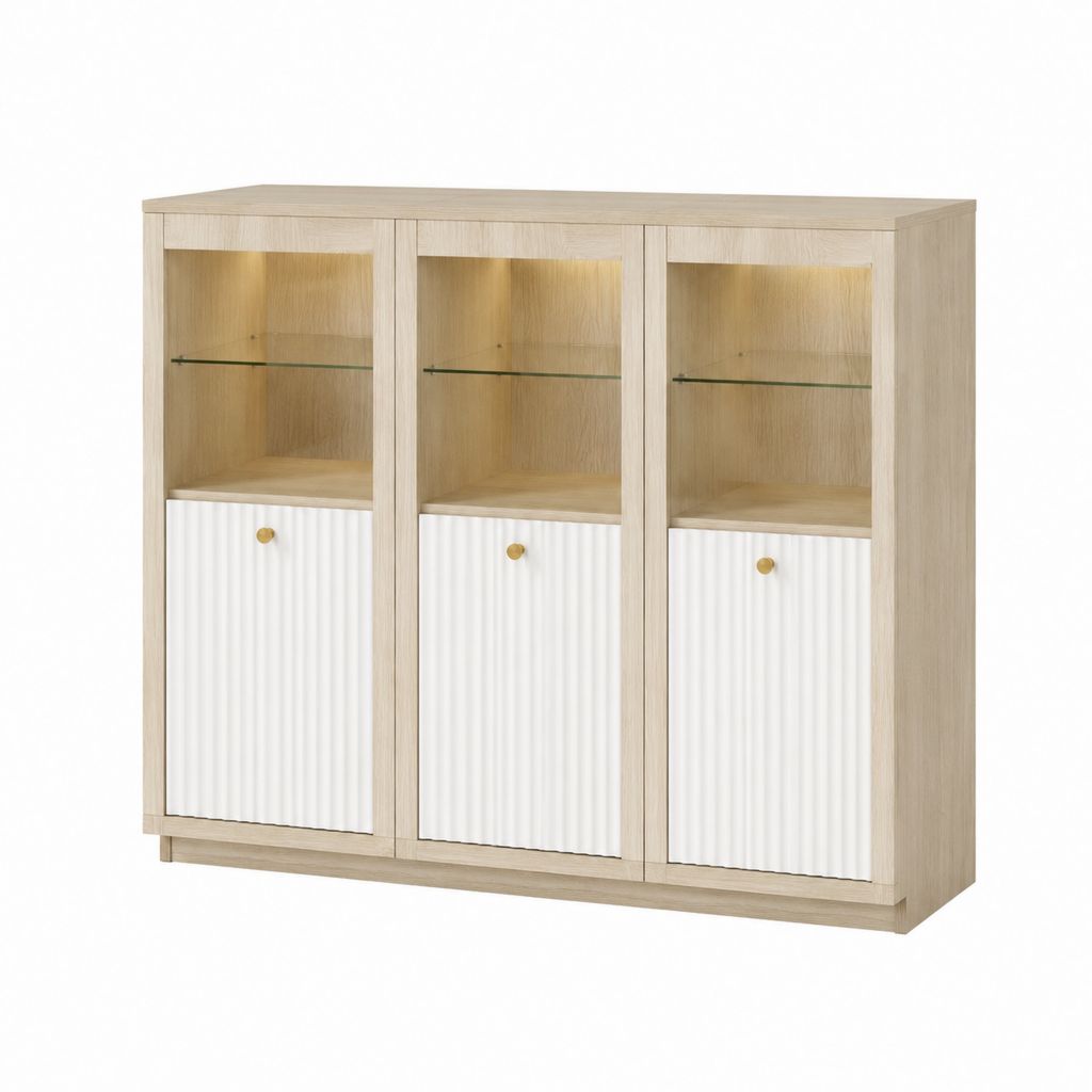 Sideboard Highboard Eichenoptik Weiß mit 3 Türen und Glasböden 120 x 40 x 120 cm