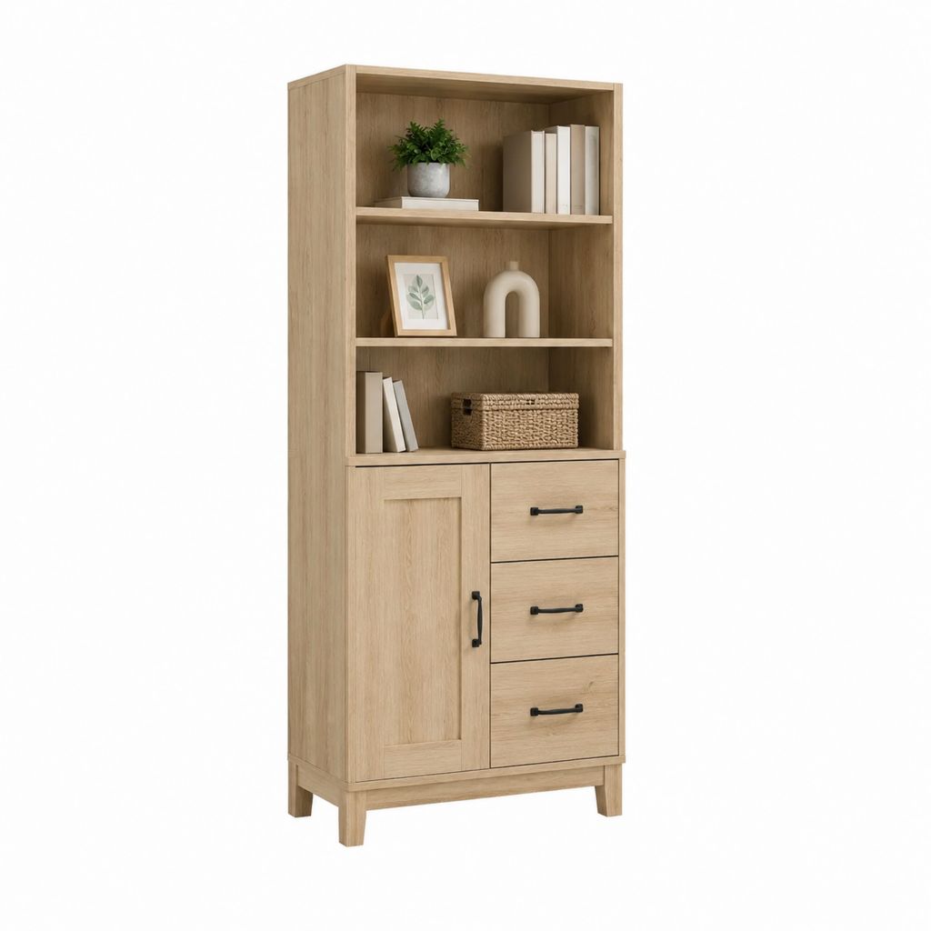 Highboard Eiche hell Spanplatte mit 1 Tür 3 Schubladen und 3 offenen Fächern 80 x 40 x 180 cm