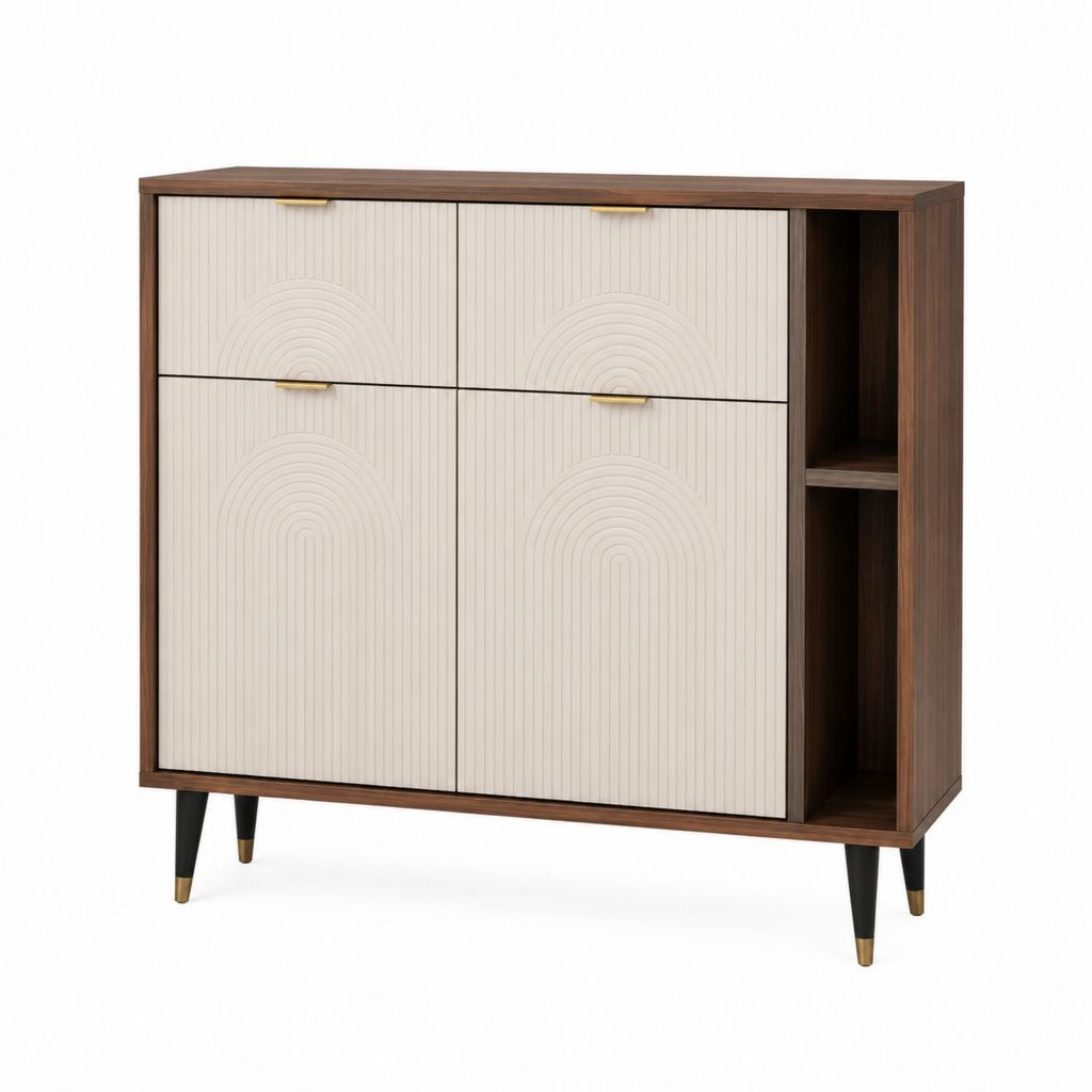 Sideboard Nussbaum Weiß Holzwerkstoff Rechteckig 120 x 40 x 100 cm mit 2 Türen 2 Schubladen und offenen Fächern
