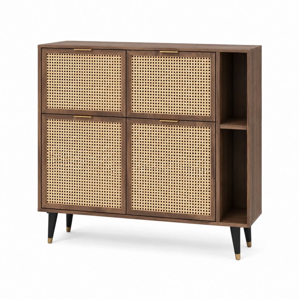 Sideboard Dunkelbraun aus MDF mit Walnussfurnier und Natur-Rattan rechteckig 100 x 40 x 90 cm