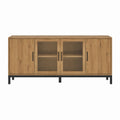 Sideboard Eichenoptik mit 4 Türen geriffeltem Glas und Stahlfüßen 180 x 40 x 85 cm