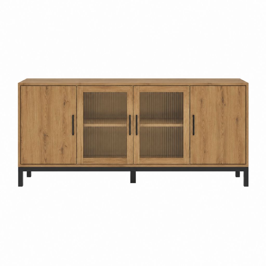 Sideboard Eichenoptik mit 4 Türen geriffeltem Glas und Stahlfüßen 180 x 40 x 85 cm