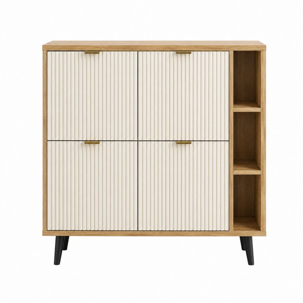 Sideboard mit 4 Türen und 3 offenen Fächern Eichefarben Creme MDF Spanplatte rechteckig 100 x 40 x 110 cm