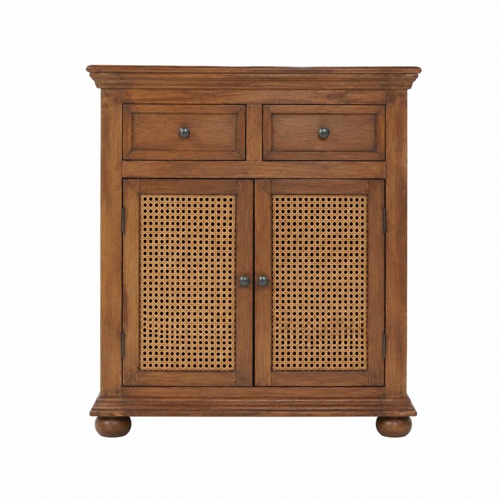 Sideboard mit 2 Türen und 2 Schubladen braun aus Massivholz und Rattan rechteckig 90 x 45 x 100 cm