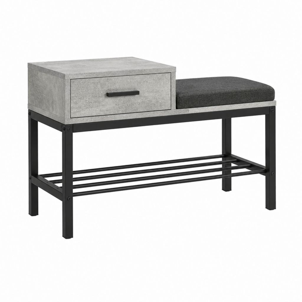 Schlafzimmerbank mit Schublade Schuhablage Sitzkissen Betonoptik Grau Schwarz Stahl MDF 100 x 35 x 50 cm