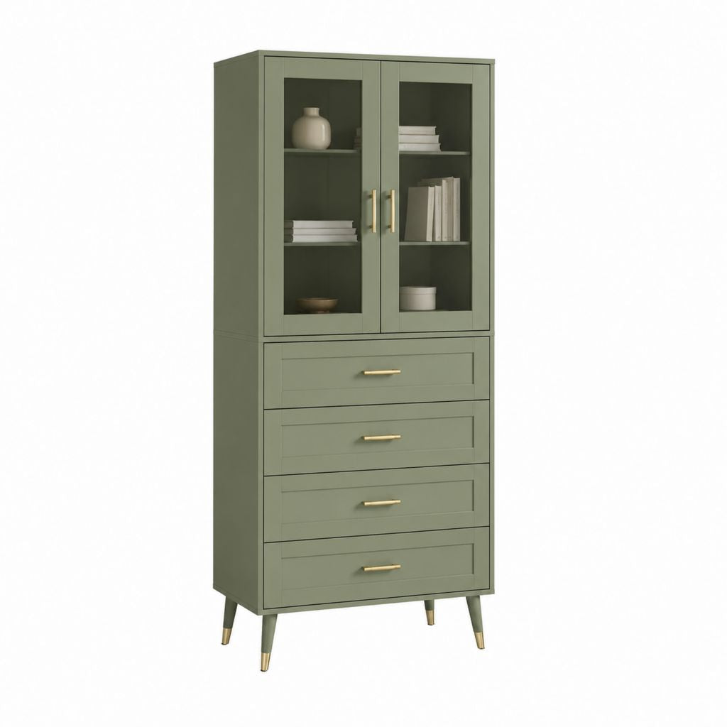 Vitrinenschrank in Salbeigrün aus MDF und Klarglas rechteckig mit 4 Schubladen B 80 x T 40 x H 180 cm
